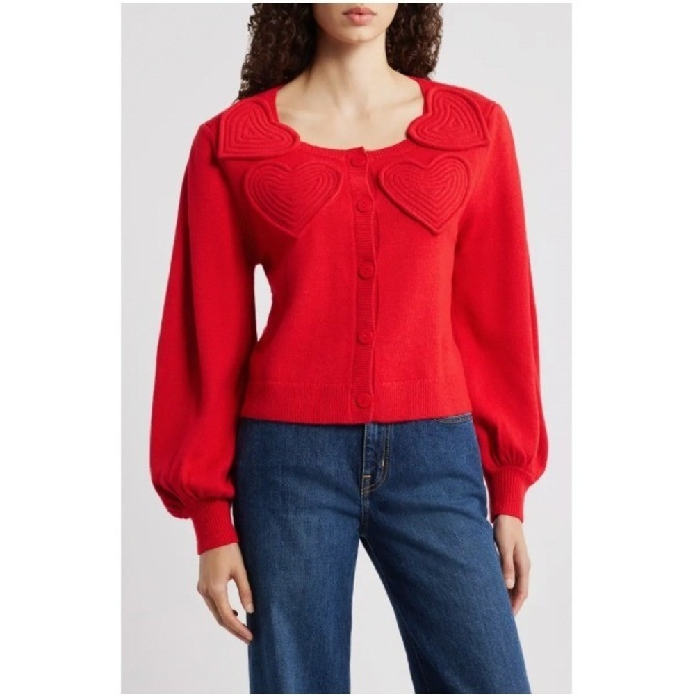 Farm Rio Heart Applique Balloon Sleeve Button Front Cardigan Boho NWT XL